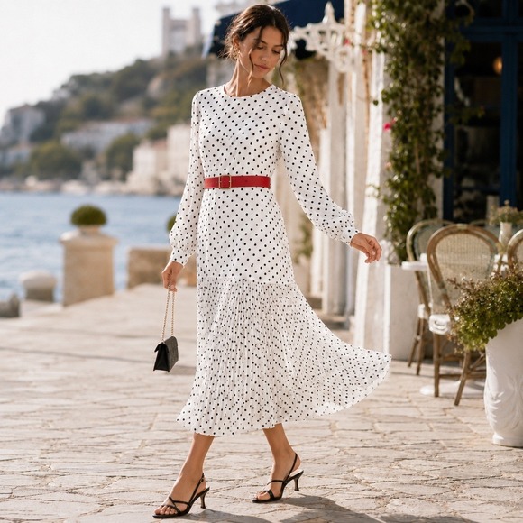 Fehaute Dresses & Skirts - FEHAUTE White Black Polka Dot Pleated Maxi Dress Balloon Sleeve A-Line Sz 10 NWT